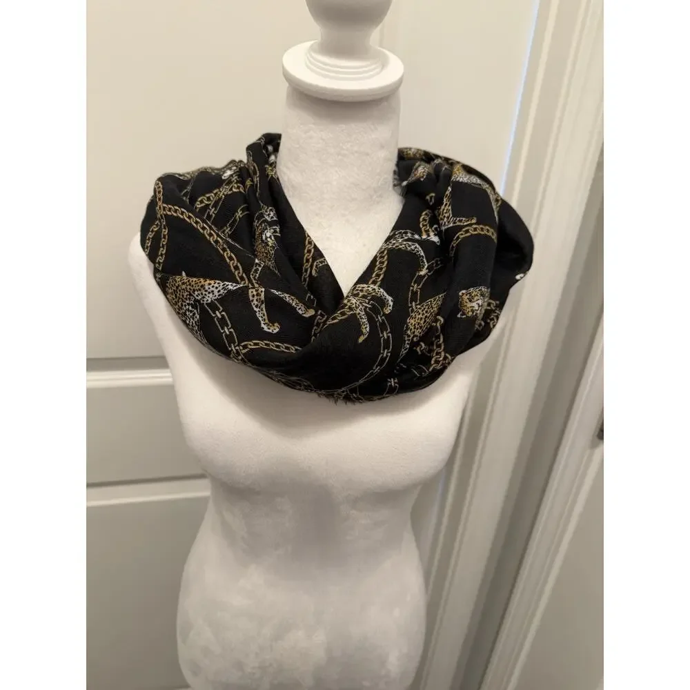 Black Leopard Chain Print Scarf 21x72 Animal Print Fringe Lightweight Wrap Shawl